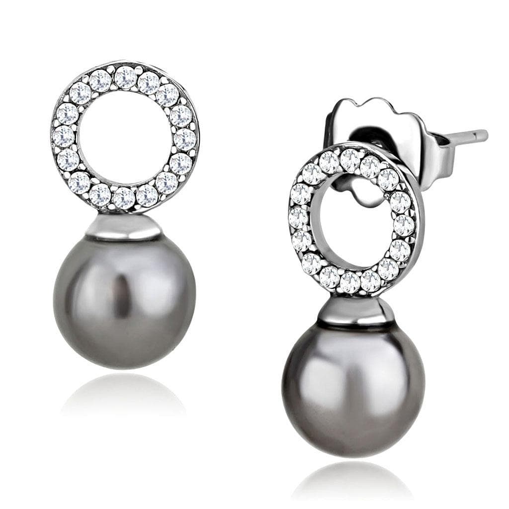 Stainless Steel Grey Pearl CZ Pave Circle Drop Studs Earrings