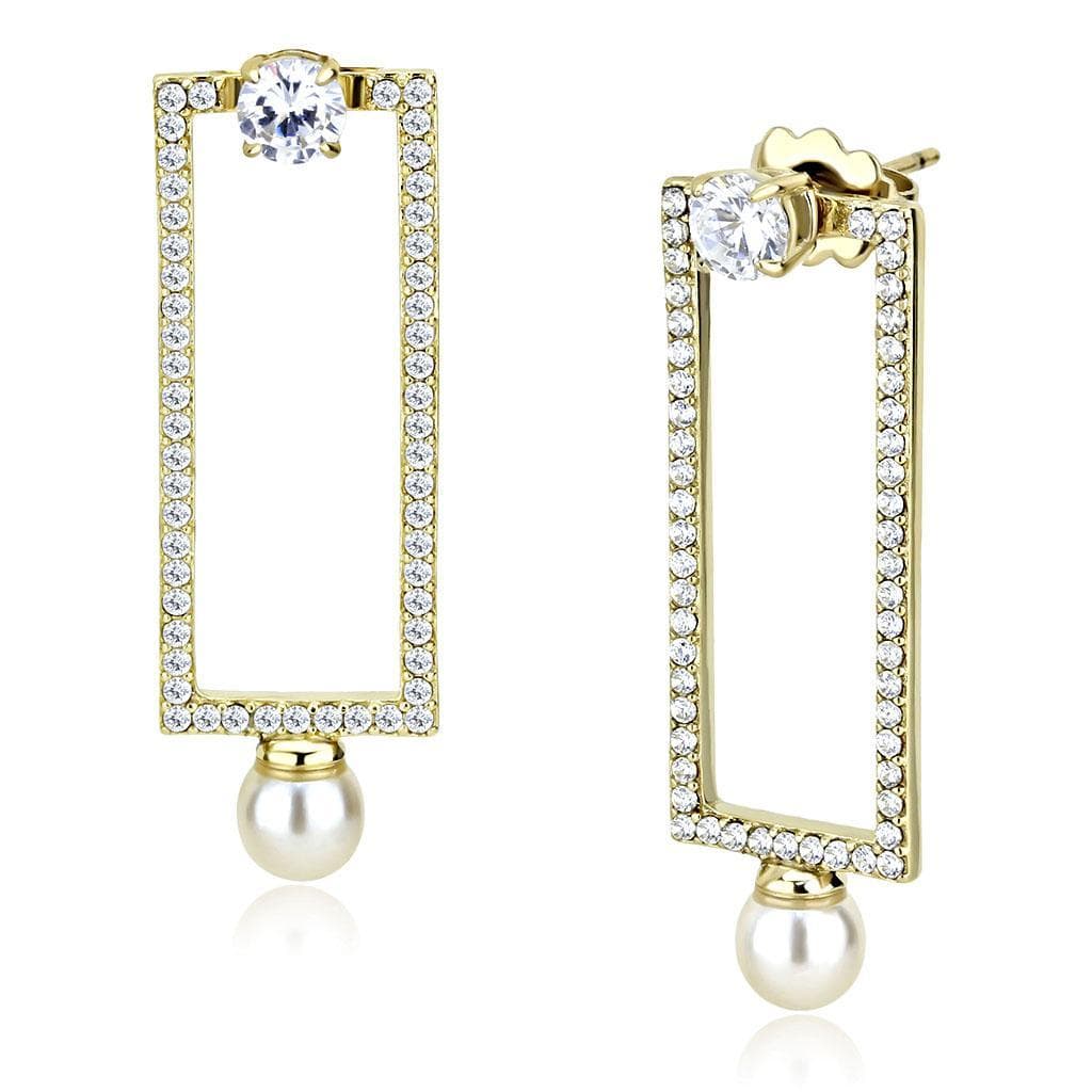 Stainless Steel Gold CZ Pave Rectangle Bar Pearl Drop Earrings