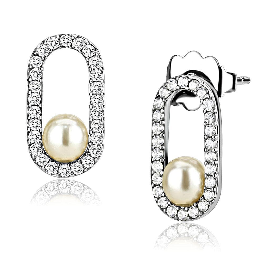 Stainless Steel Pearl CZ Pave Oval Frame Studs Earrings