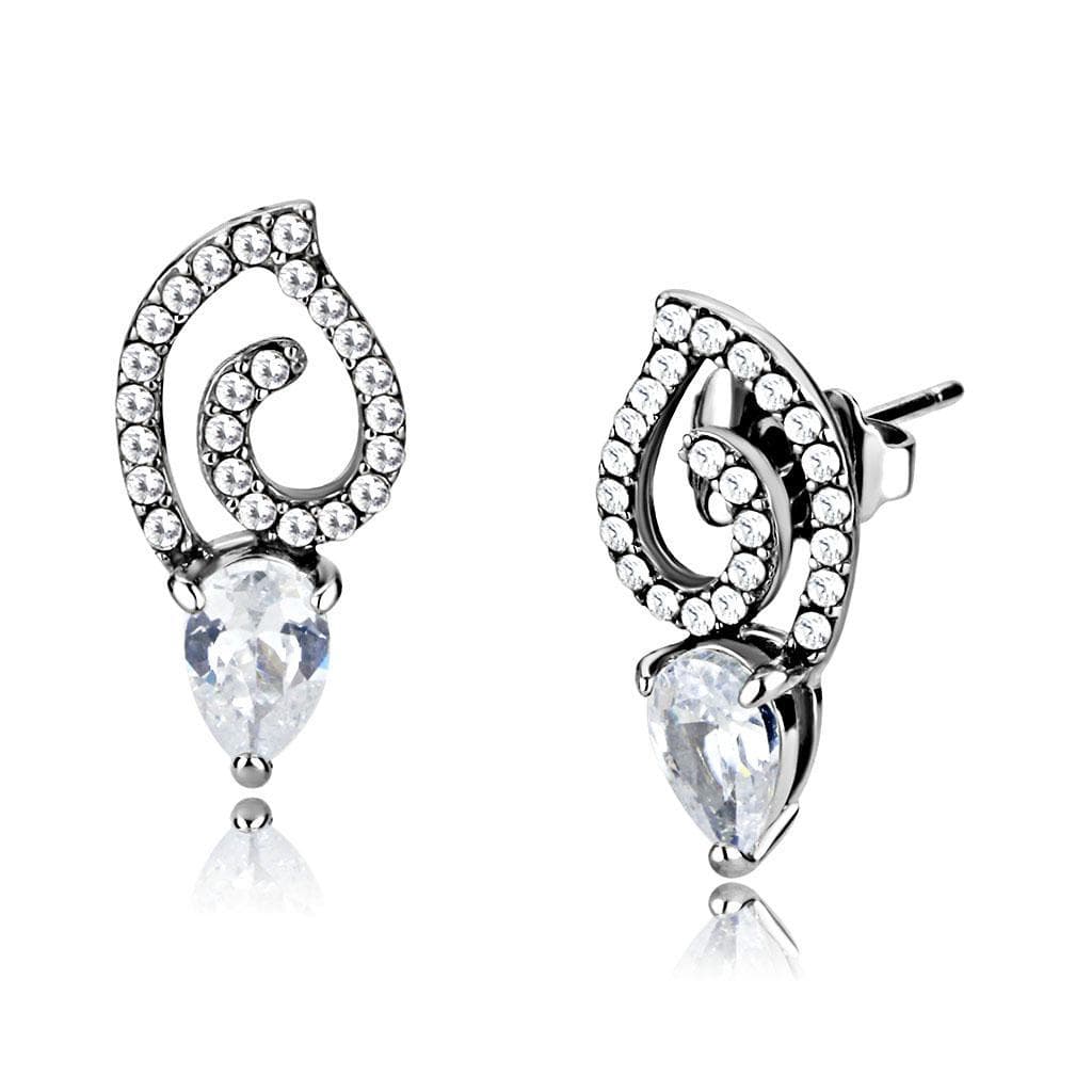 Stainless Steel CZ Pear Pave Spiral Swirl Studs Earrings