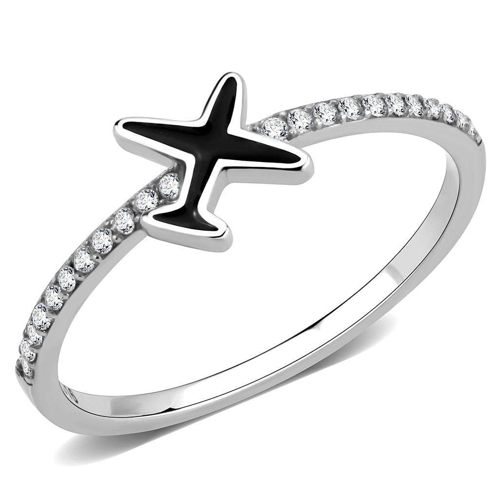 Stainless Steel Black Enamel Airplane CZ Pave Open Band Ring