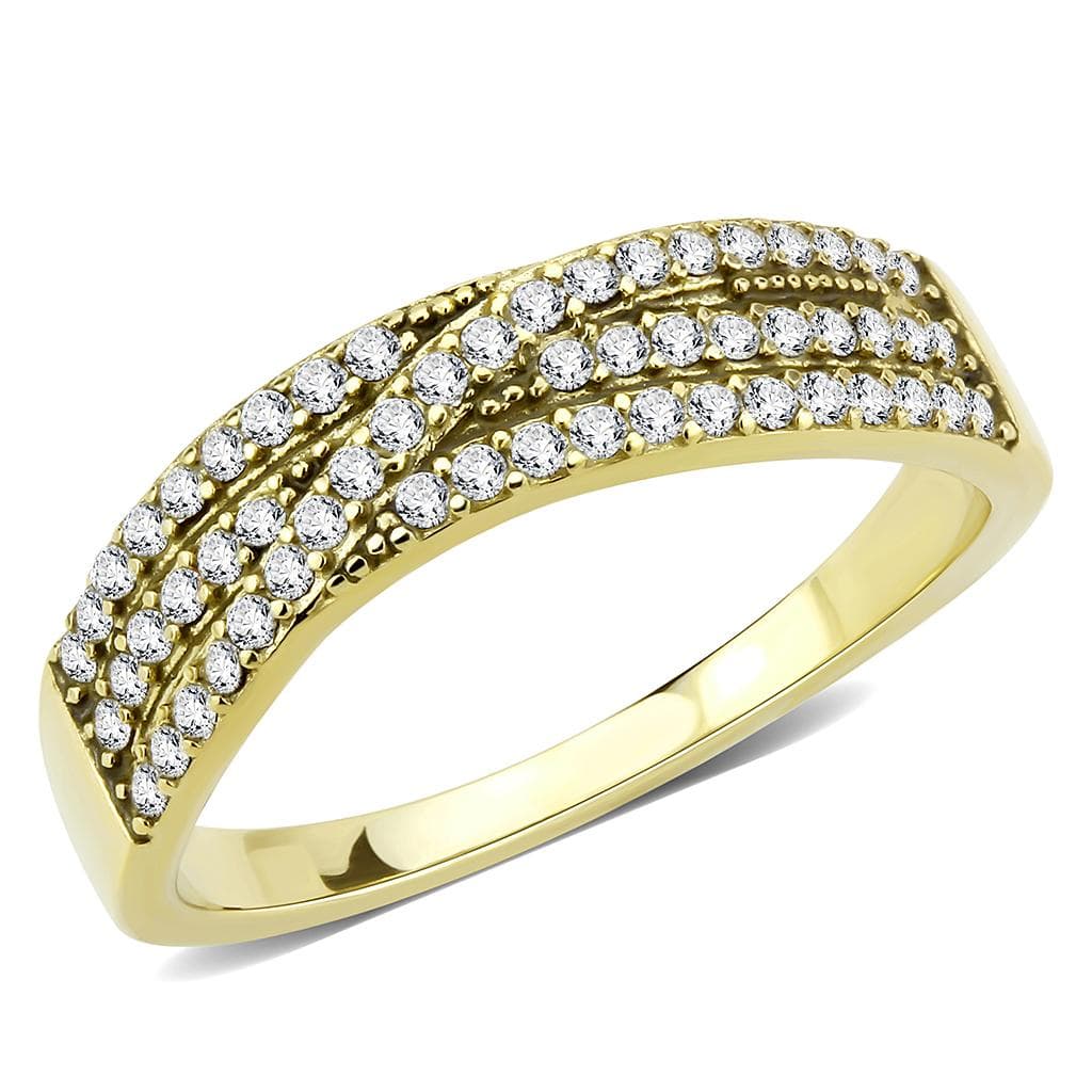 Stainless Steel Gold CZ Pave Triple Row Curved Dome Band Ring