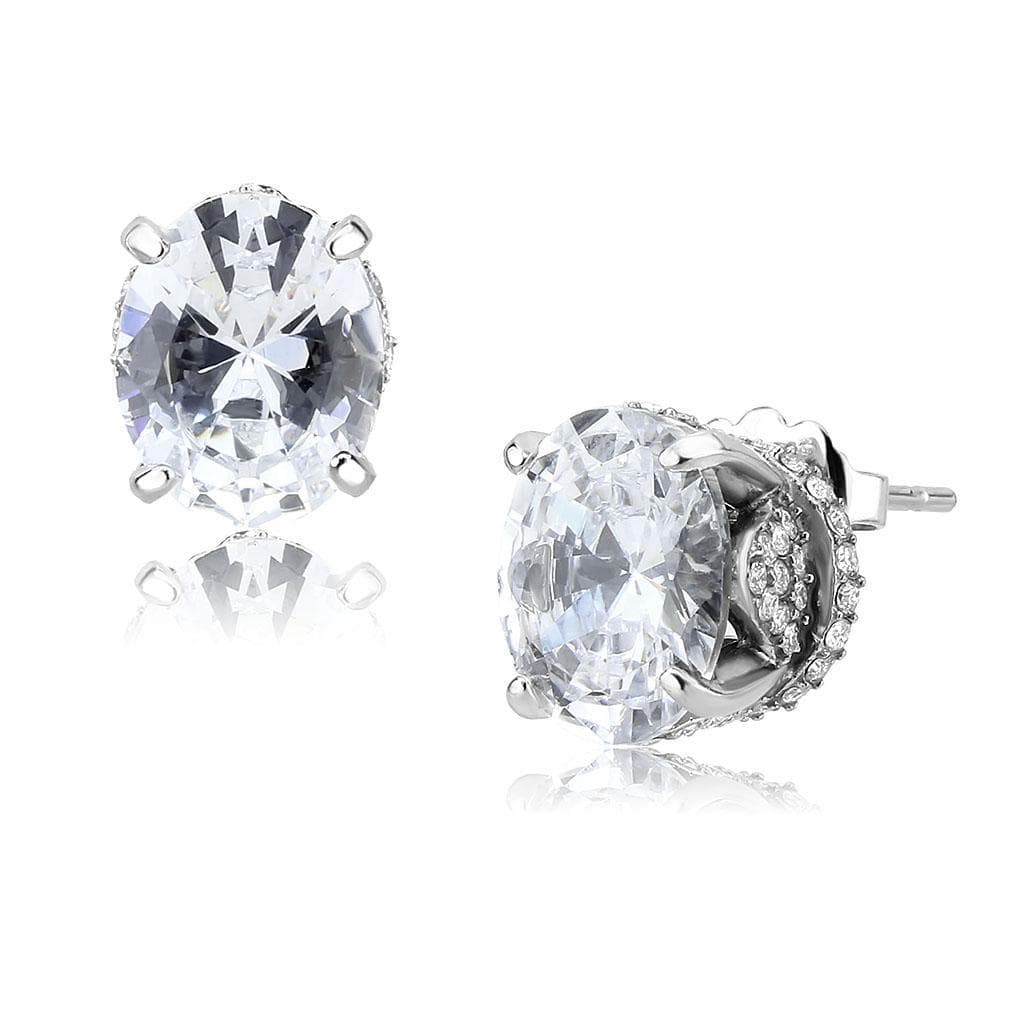 Stainless Steel CZ Oval Prong Classic Solitaire Studs Earrings