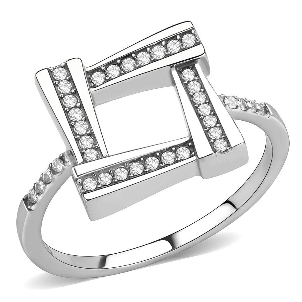 Stainless Steel CZ Pave Open Square Geometric Double Band Ring