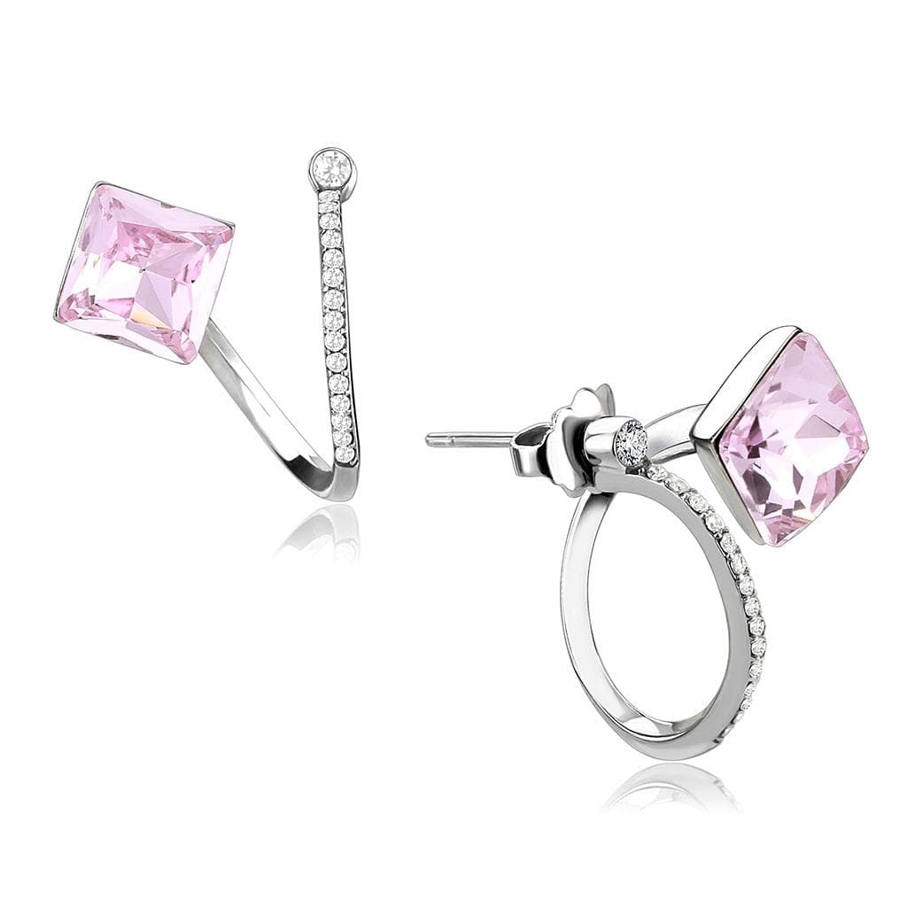 Stainless Steel Pink CZ Princess Cut Pave Bar Long Drop Earrings