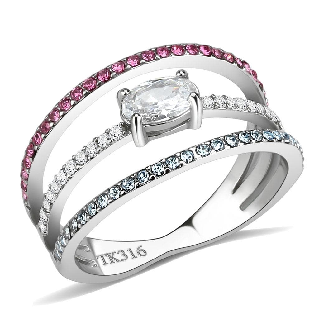 Stainless Steel Multi Color Pink Blue CZ Pave Triple Band Ring