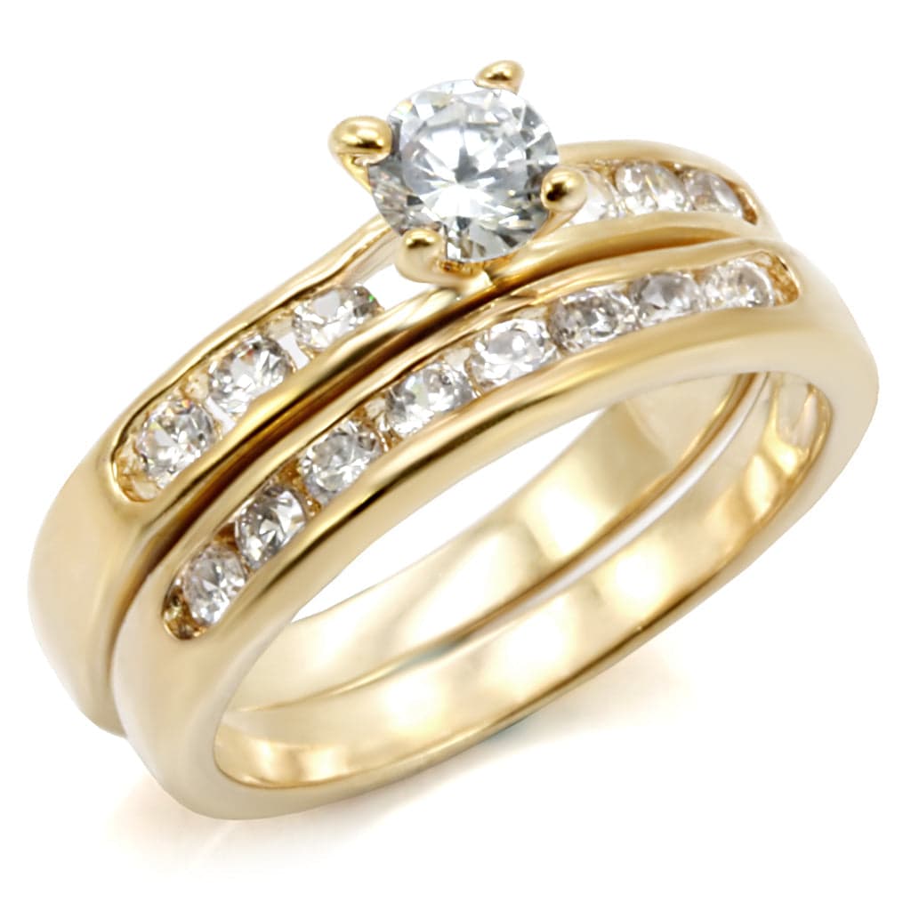 Sterling Silver Gold CZ Round Channel Bridal Set Ring