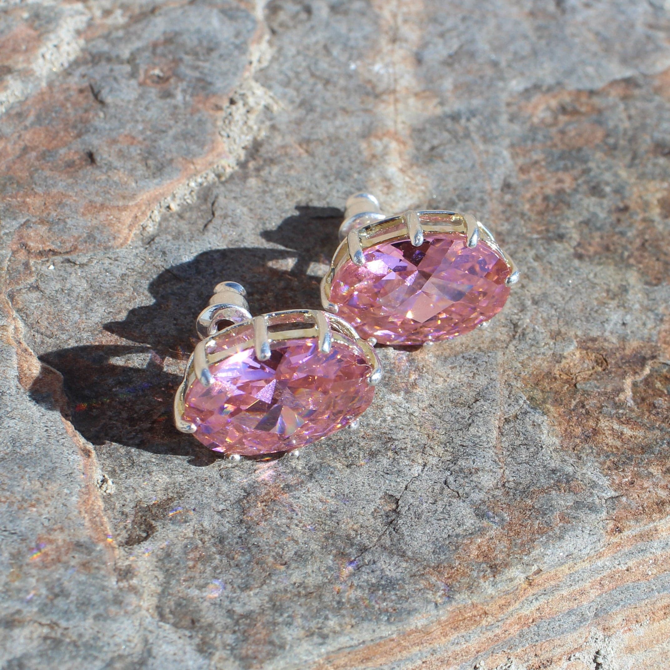Sterling Silver Pink CZ Heart Stud Earrings
