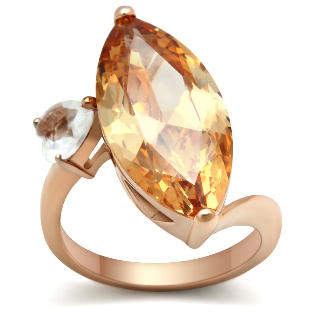 Brass Rose Gold Champagne CZ Marquise Large Fluted Ring