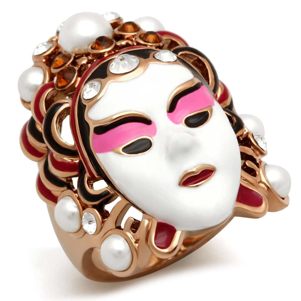 Brass Rose Gold Enamel Pearl CZ Theater Mask Cocktail Ring