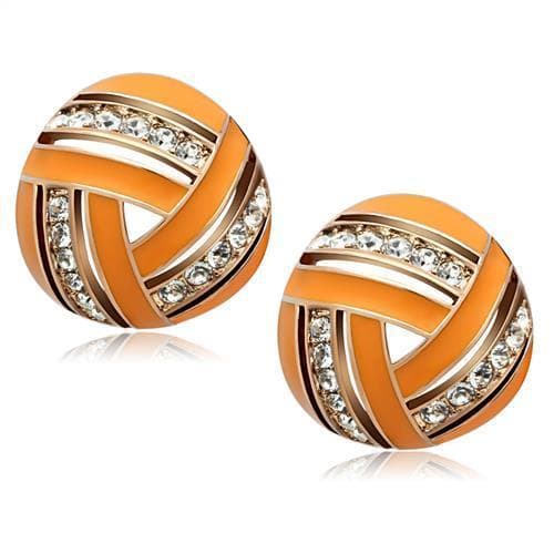Brass Gold Orange Enamel CZ Woven Knot Round Studs Earrings