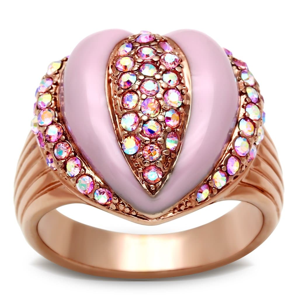 Brass Rose Gold Pink Enamel AB Crystal Teardrop Dome Ring