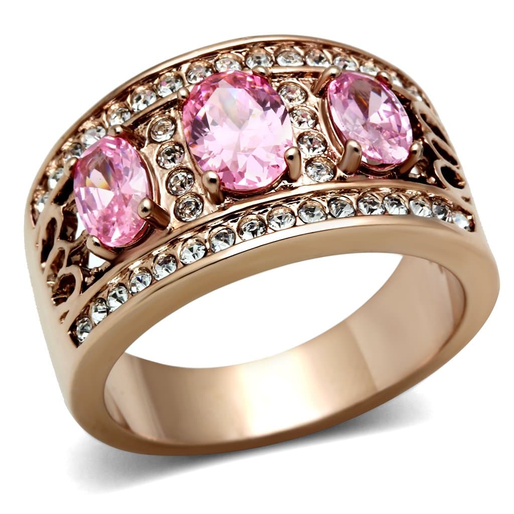Brass Rose Gold Pink CZ Triple Oval Pave Filigree Wide Ring