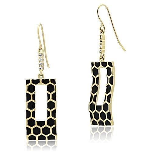 Brass Gold Black Enamel Honeycomb Rectangle Dangle Drop Earrings
