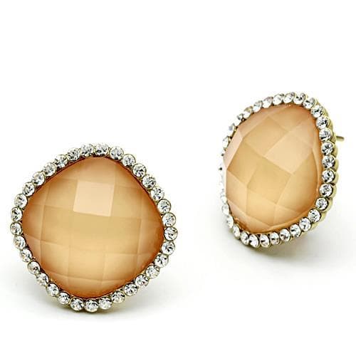 Brass Gold Peach Champagne Faceted Round Pave Halo Studs Earrings