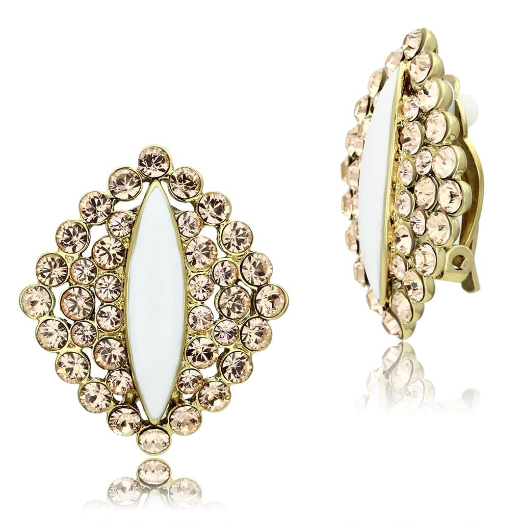 Brass Gold Champagne CZ Pave Marquise Navette Clip Earrings