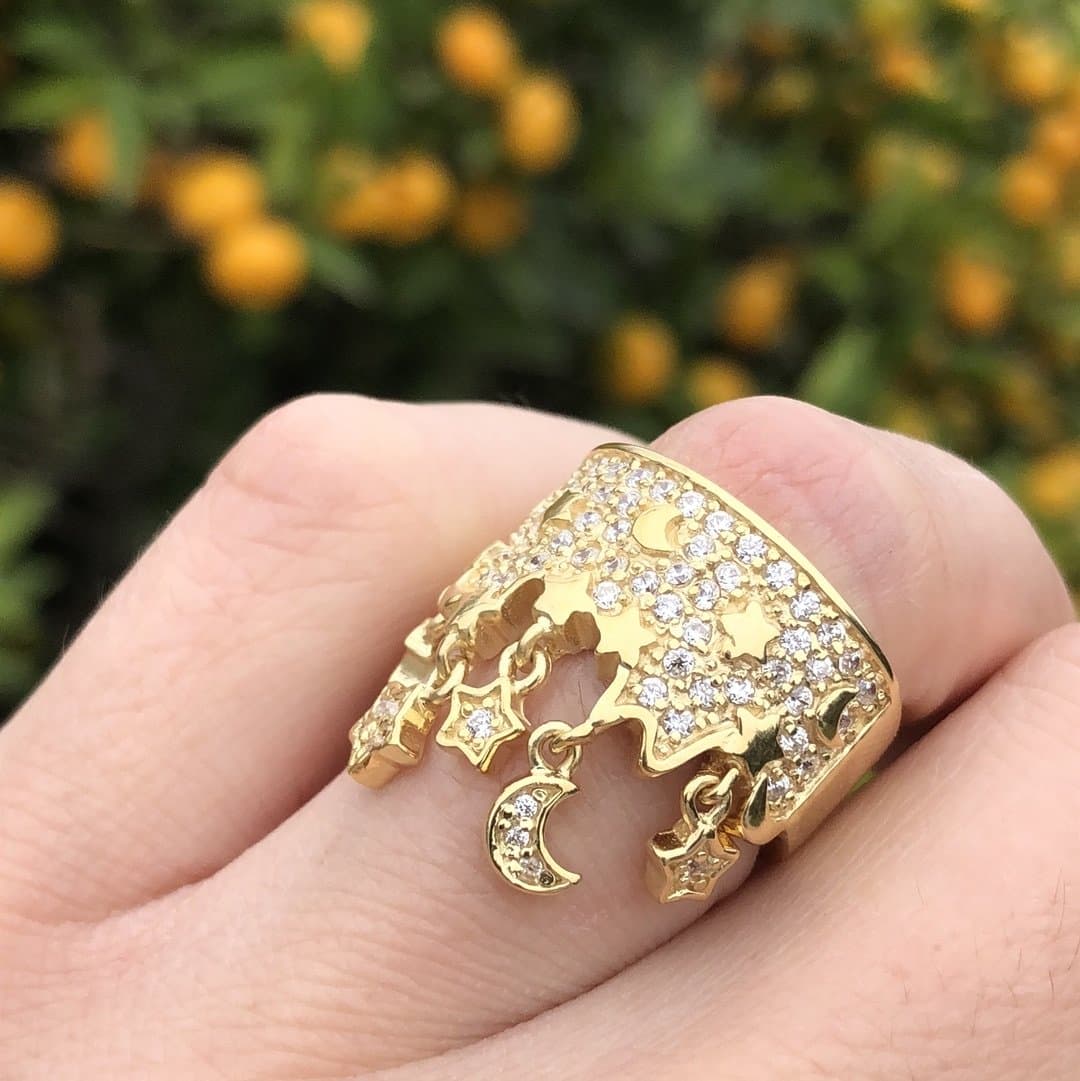 Sterling Silver Gold CZ Star Moon Celestial Open Wide Band Ring