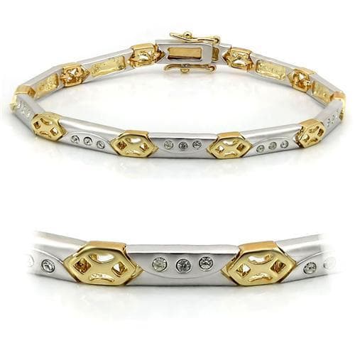 Brass Two Tone Gold CZ Hexagon Link Bracelet