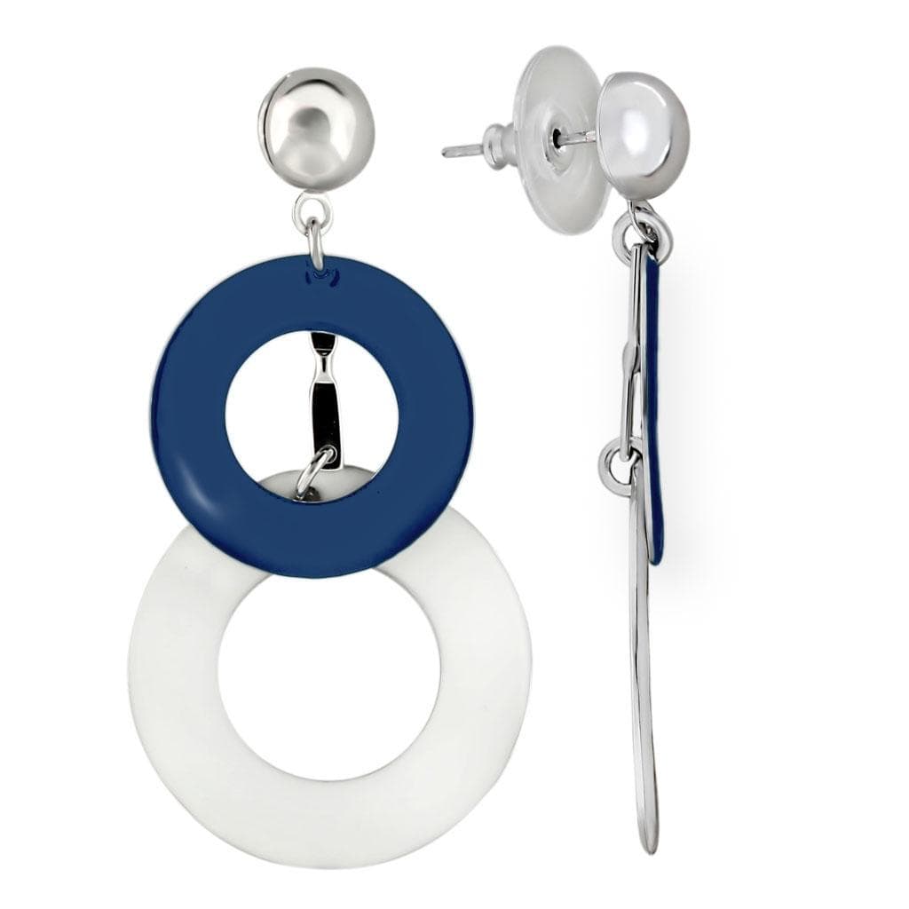 Brass Silver Navy Blue White Circle Ring Drop Earrings