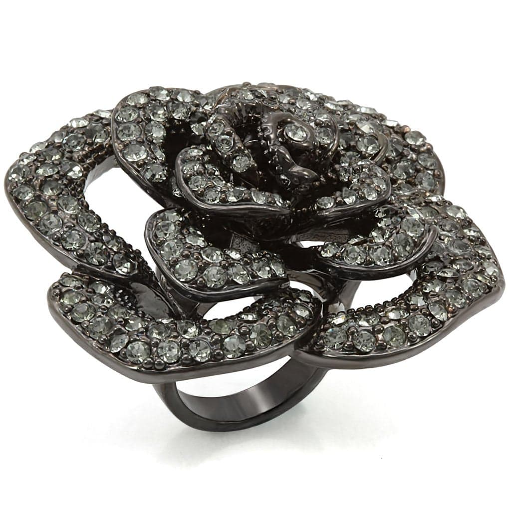 Brass Black Rhodium CZ Pave Rose Flower Cocktail Ring