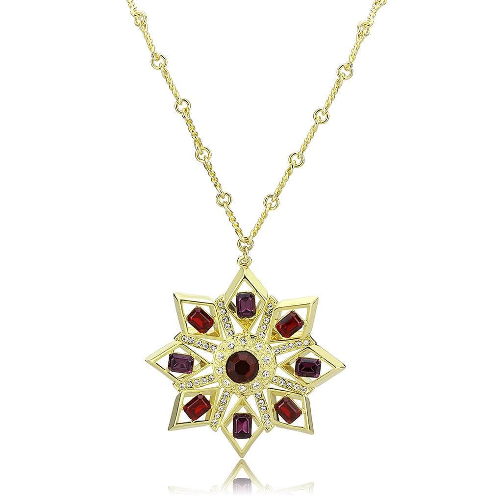 Brass Gold Garnet CZ Star Snowflake Pendant Necklace
