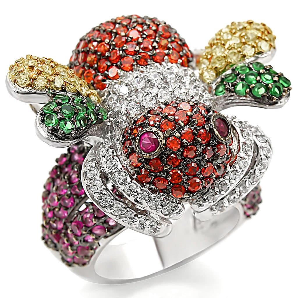 Brass Multicolor CZ Pave Turtle Flower Cocktail Ring
