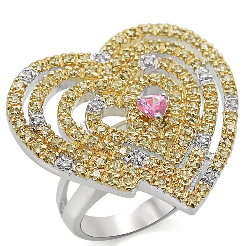 Brass Two Tone Yellow CZ Pave Heart Pink Center Cocktail Ring