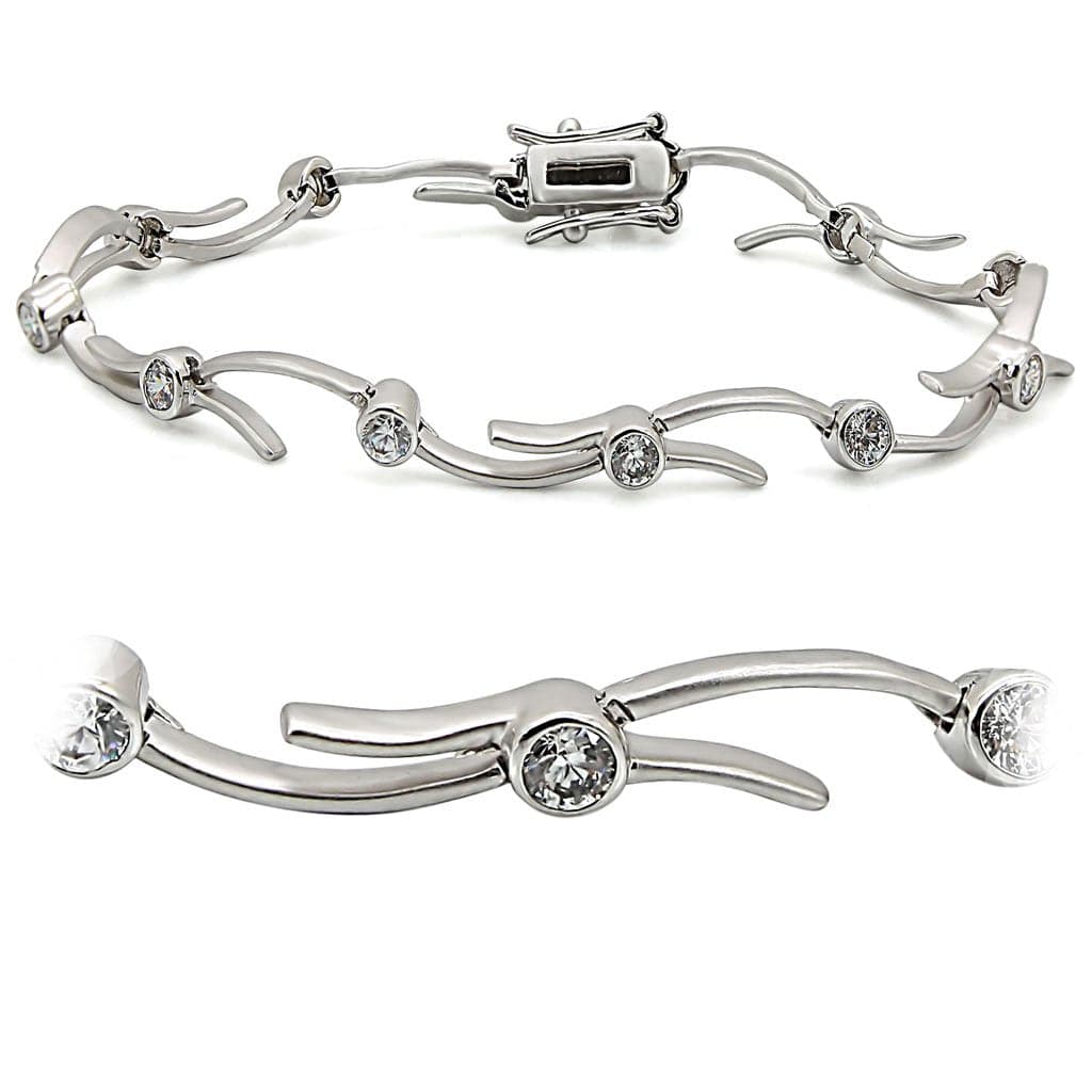 Brass Silver CZ Bezel Wave Curve Link Bracelet