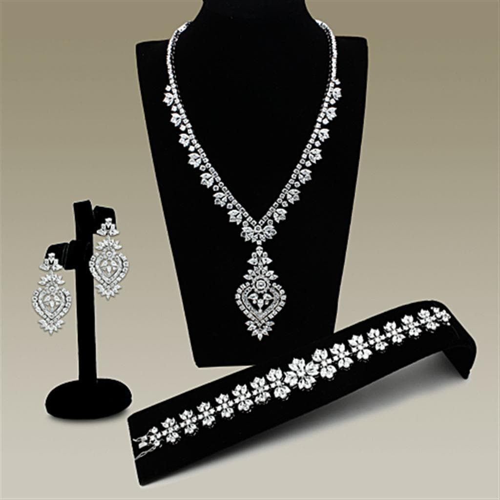 Brass Silver CZ Flower Cluster Statement Jewelry Set