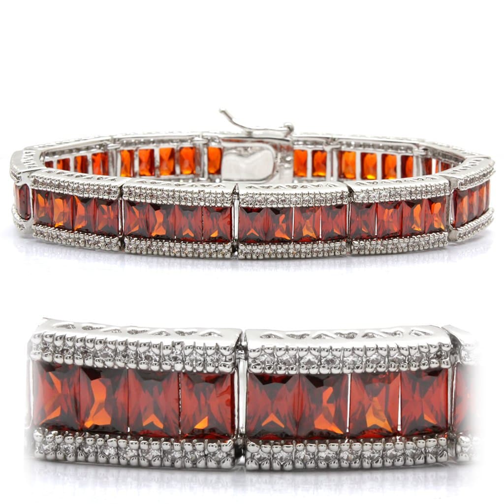 Brass Silver Red Garnet CZ Baguette Channel Tennis Bracelet