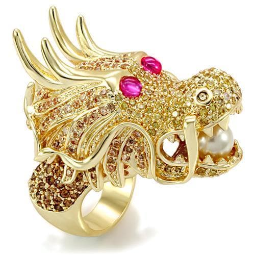 Brass Gold CZ Pave Dragon Head Pearl Cocktail Ring