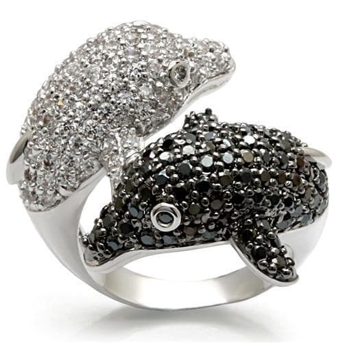 Brass Silver Black Clear CZ Pave Double Dolphin Ring