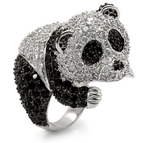 Brass Silver Black White CZ Pave Panda Bear Cocktail Ring