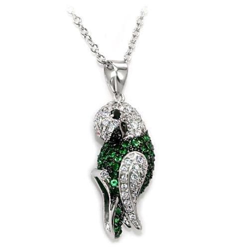 Brass Silver Green CZ Pave Parrot Pendant Necklace