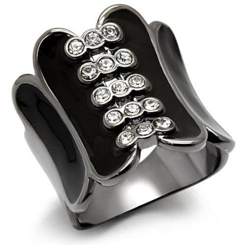 Brass Gunmetal Black Enamel CZ Wavy Wide Band Cocktail Ring
