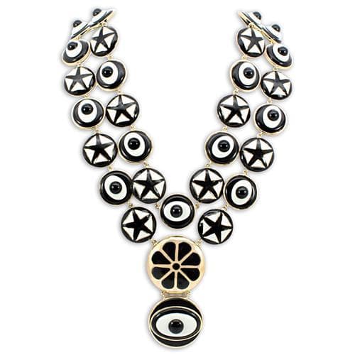 Brass Gold Black Enamel Star Disc Statement Bib Necklace