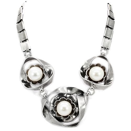 Brass Silver Pearl Rose Flower Cluster Statement Necklace
