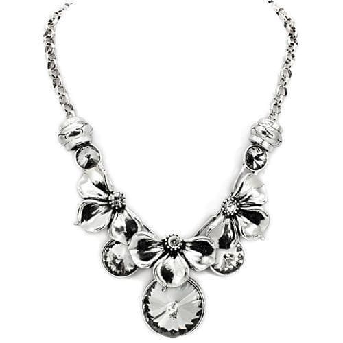 Brass Silver Crystal Flower Cluster Statement Necklace