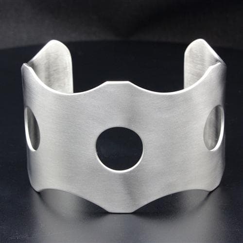 Stainless Steel Silver Brushed Circle Cutout Wide Cuff Bracelet