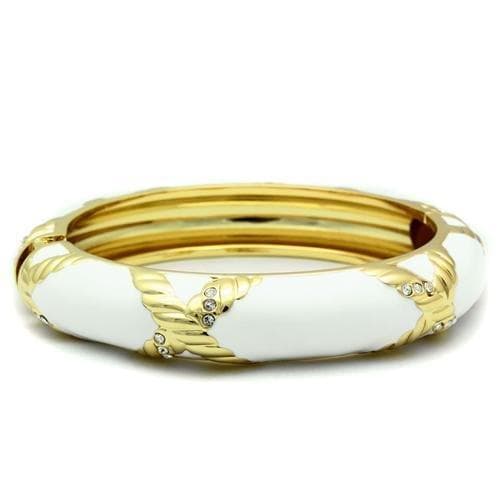 Brass Gold White Enamel Crystal Accent Hinged Bangle Bracelet