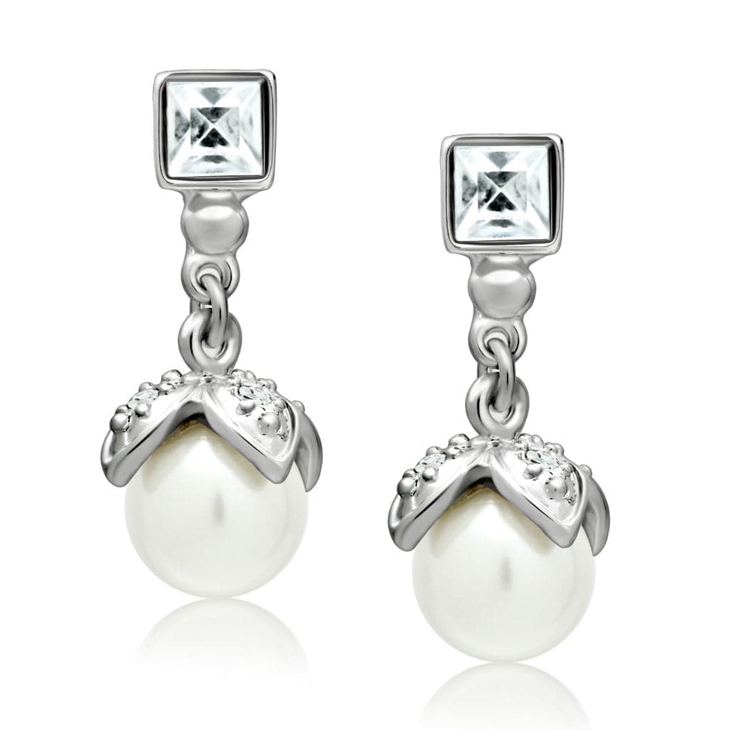 Brass Silver CZ Square Pearl Drop Earrings