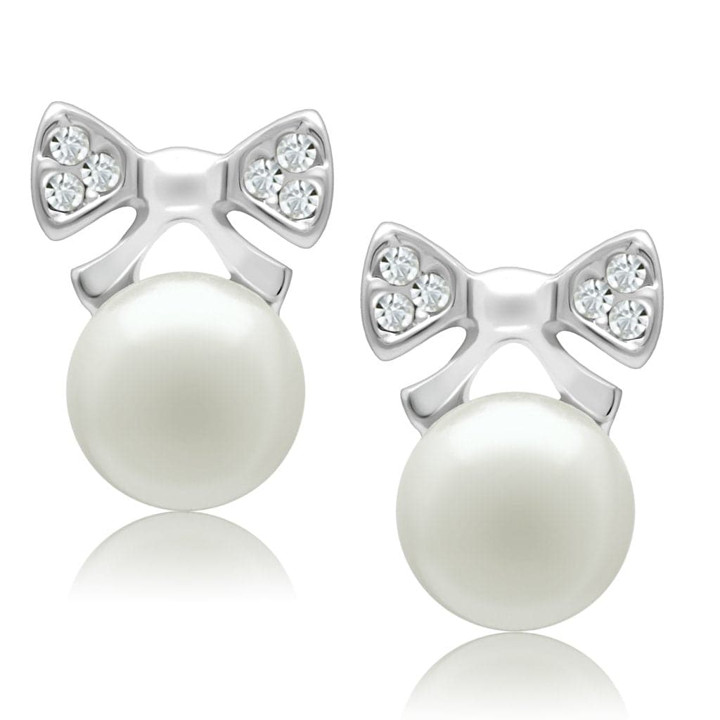 Brass Silver CZ Bow Pearl Stud Earrings | The Stainless Jewelry