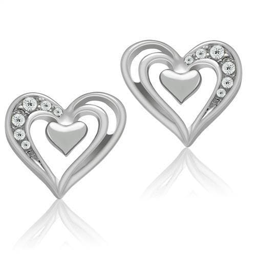 Brass Silver CZ Pave Double Heart Stud Earrings