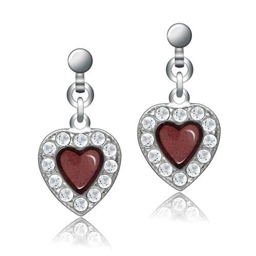 Brass Silver Red Enamel CZ Heart Drop Earrings