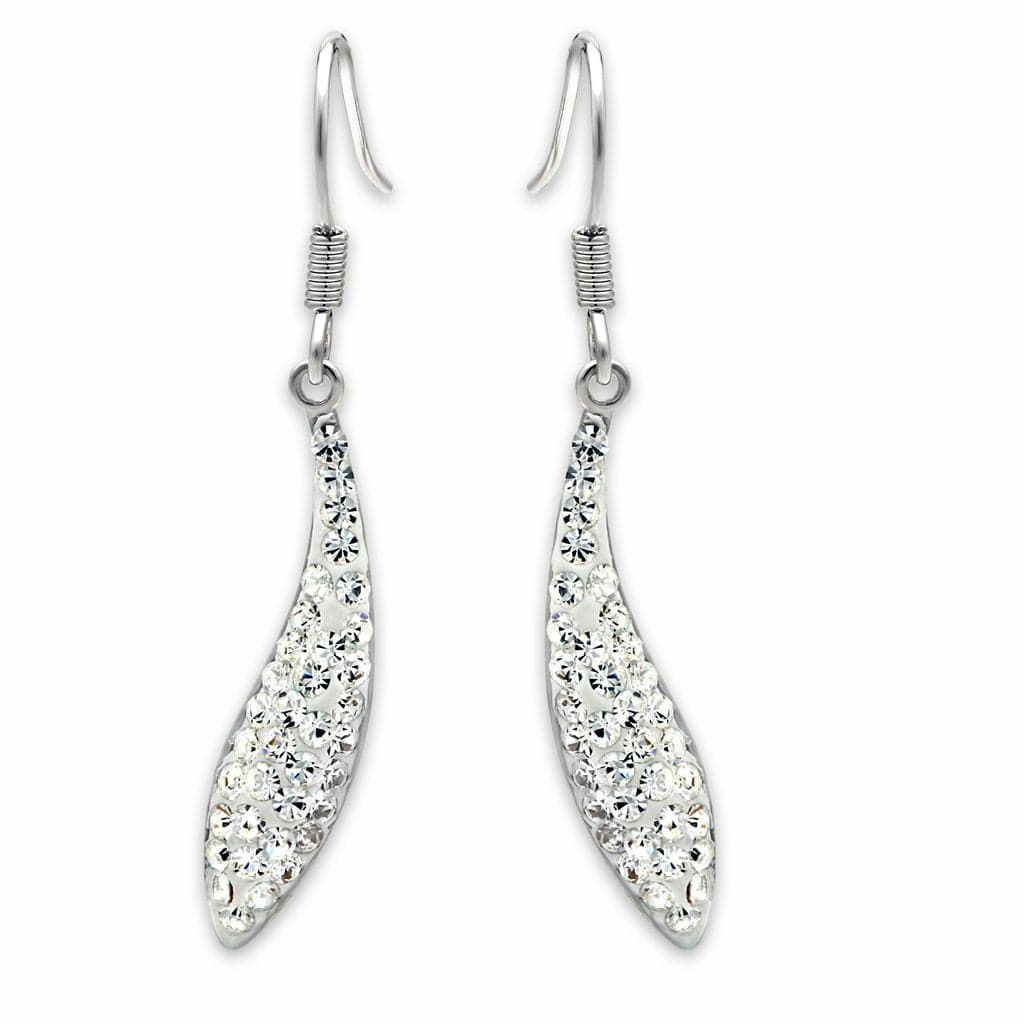 Brass Silver Crystal Pave Curved Bar Drop Earrings
