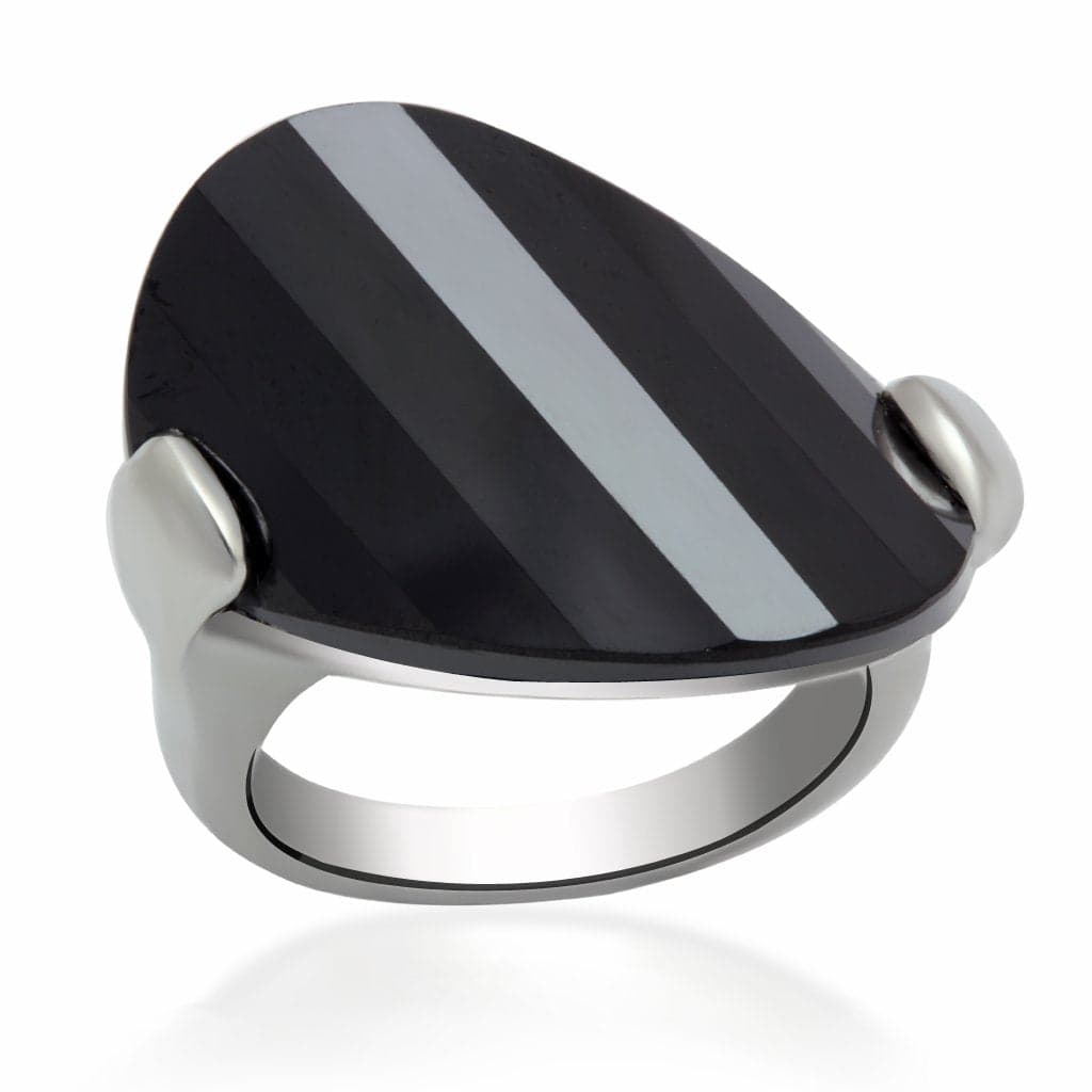 Brass Silver Black Resin Diagonal Stripe Dome Cocktail Ring