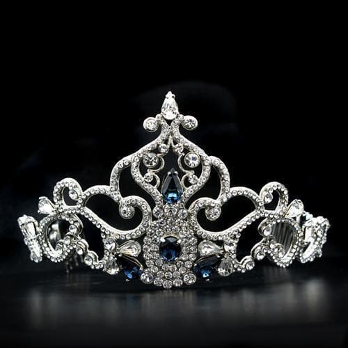 Brass Silver Blue Crystal Filigree Scroll Crown Tiara Ring