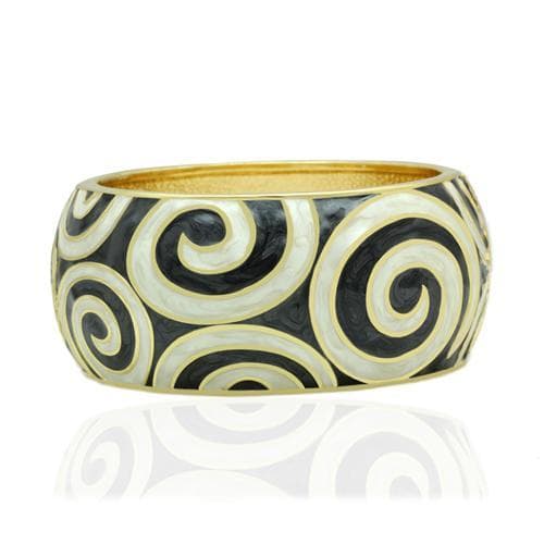 Brass Gold Black White Enamel Spiral Swirl Hinged Bangle Bracelet