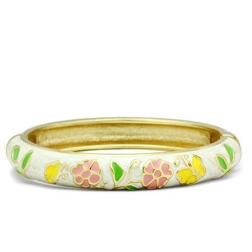 Brass Gold White Enamel Pink Flower Garden Hinged Bangle Bracelet