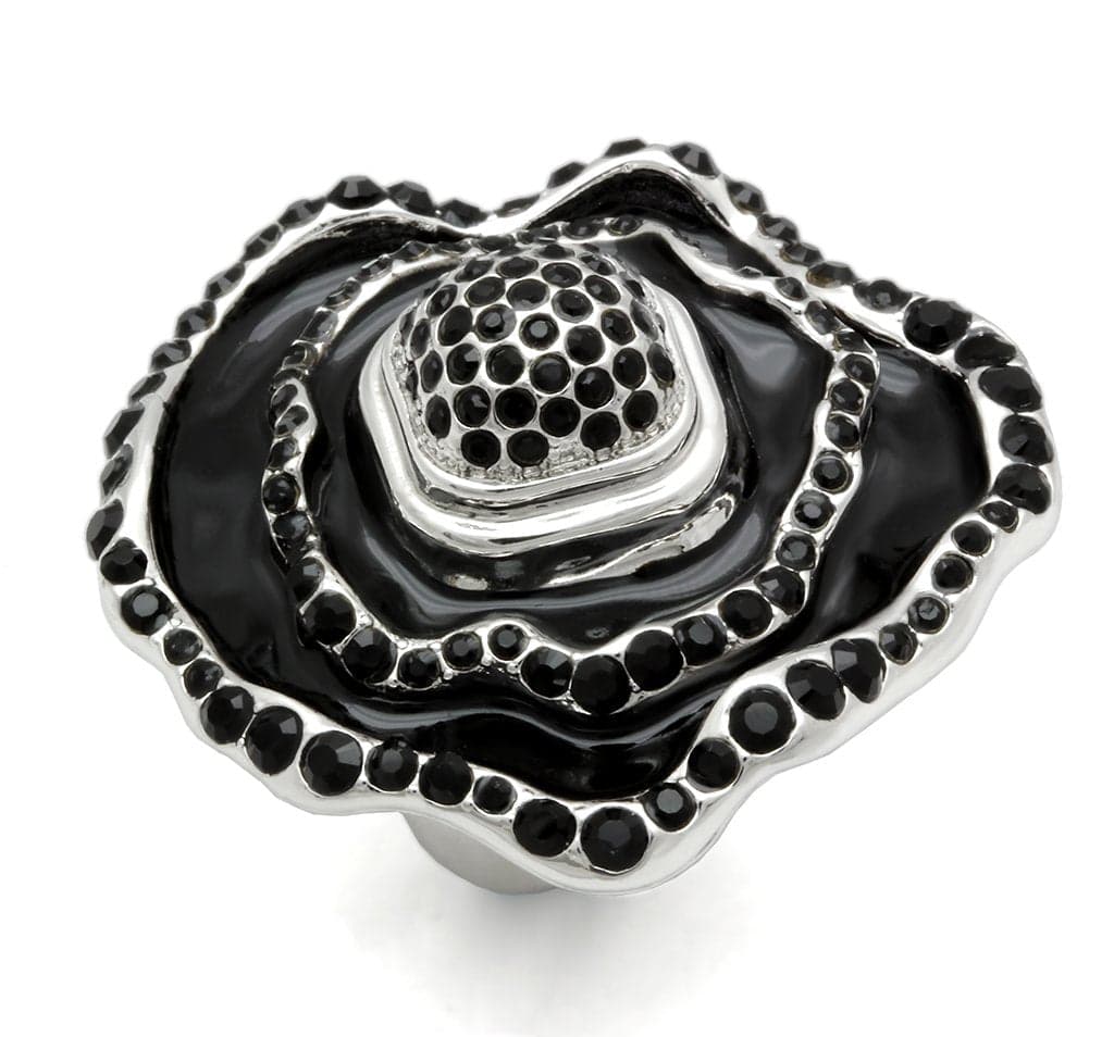 Brass Silver Black Enamel CZ Pave Rose Flower Cocktail Ring